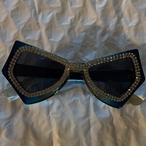 Crystal-Trim Teal Oversized Women's Fashion Sunglasses